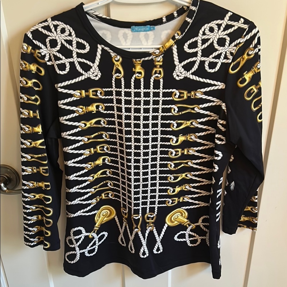 J. McLaughlin Black, White & Gold Nautical 3/4 Sleeve Top, size M